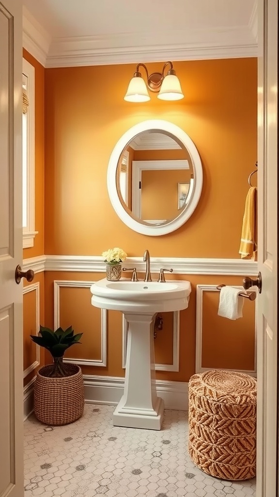 A stylish powder room with muted mustard walls, white trim, and elegant fixtures.