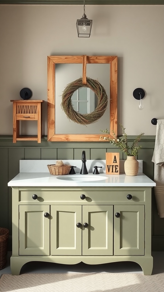 A rustic bathroom vanity in muted olive green with a white countertop, black hardware, and wooden decor elements.