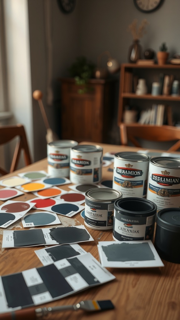 A wooden table displaying various paint cans and color swatches for home painting projects.