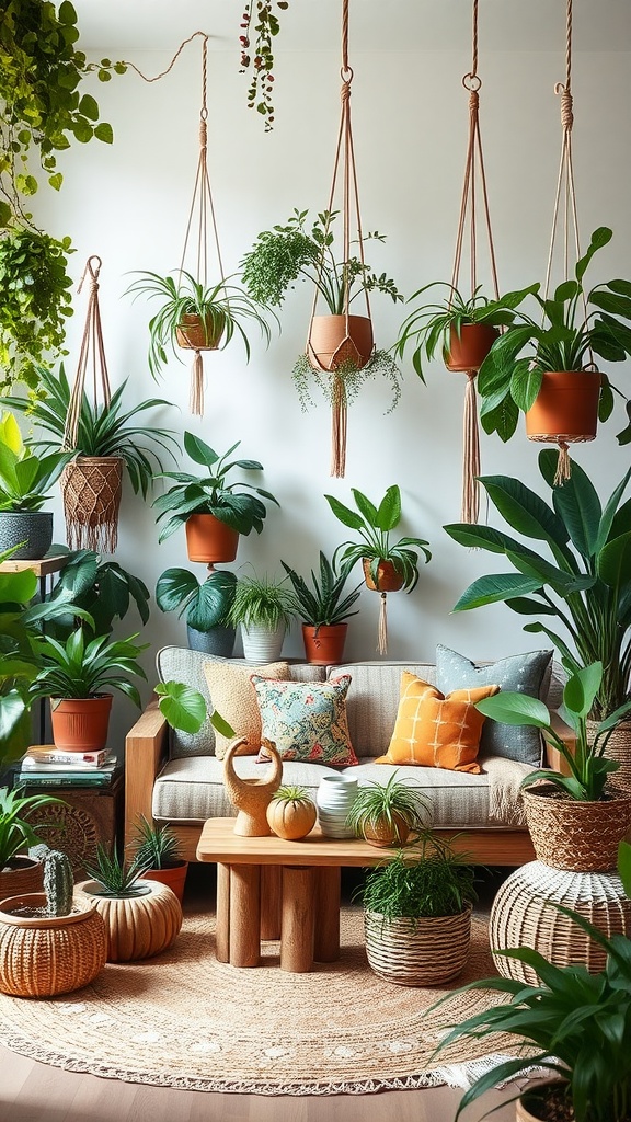 A cozy living space filled with various houseplants, showcasing a bohemian style with a comfortable sofa, colorful cushions, and natural decor.