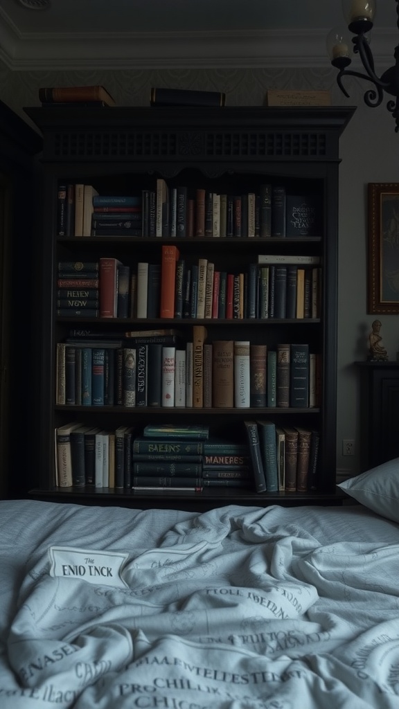 A dark book shelf filled with various books in a goth themed bedroom, showcasing a mysterious and cozy atmosphere.