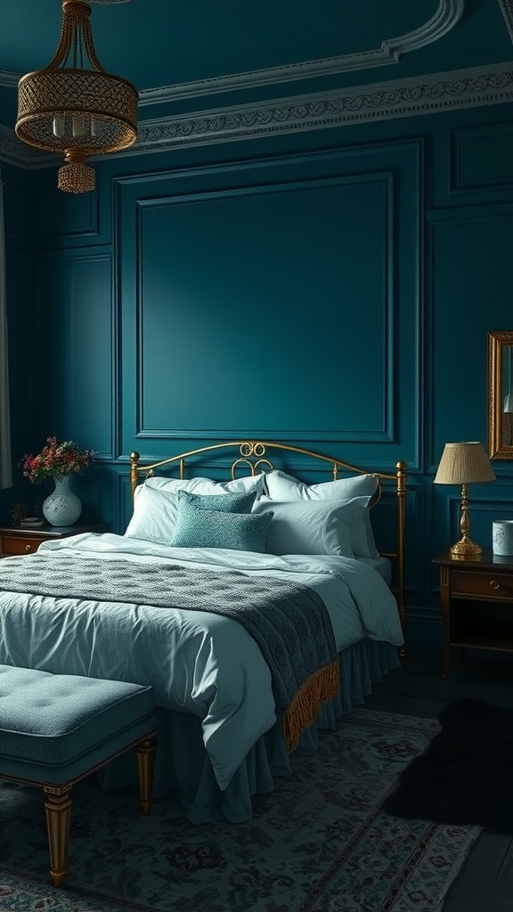 A dark and moody bedroom featuring deep teal walls, a plush bed, and elegant decor.
