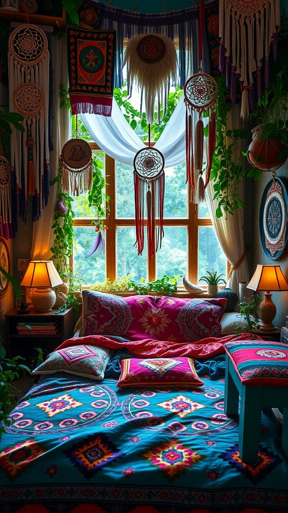 Colorful bohemian-style bedroom with vibrant textiles, dreamcatchers, and lush plants.