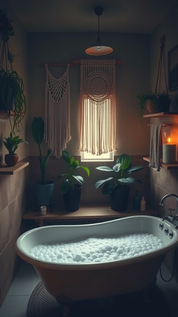 A cozy and stylish bathroom featuring a vintage bathtub with bubbles, plants, and macramé wall hangings.