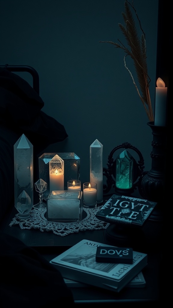A dark and cozy bedroom corner featuring crystals, candles, and decorative items, highlighting a whimsical goth aesthetic.