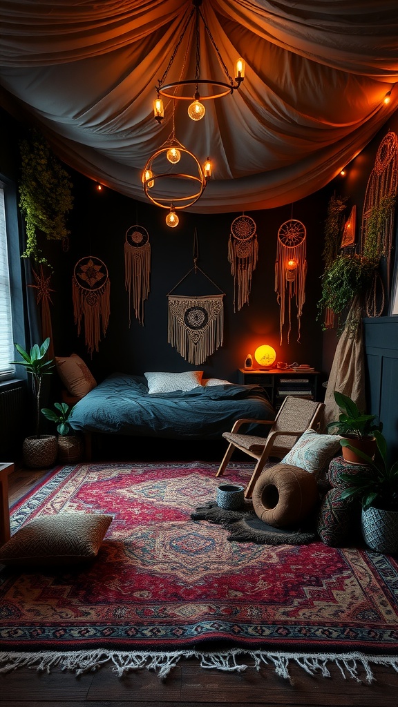 A cozy dark boho bedroom featuring a plush bed, decorative wall hangings, and warm lighting.