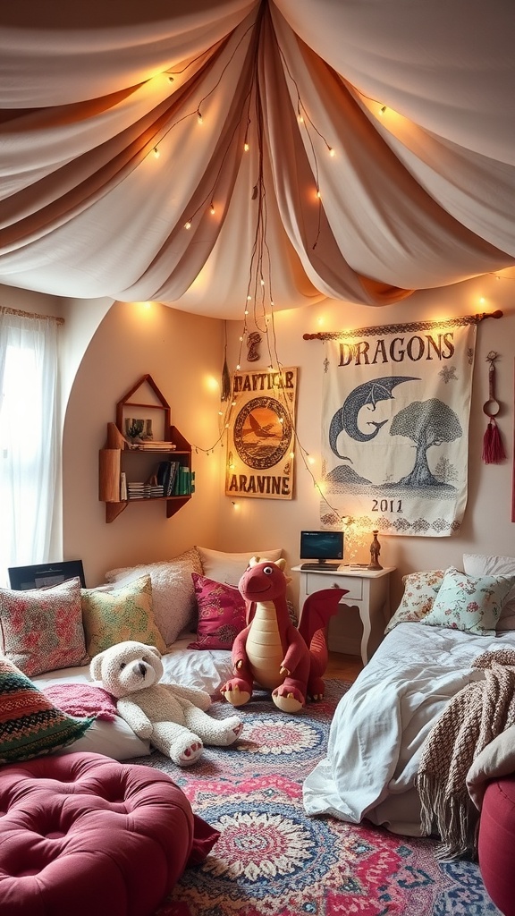 A cozy children's bedroom styled as a mystical dragon's lair, featuring draped ceiling fabric, soft fairy lights, plush toys, and colorful decor.