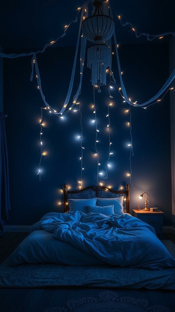 A dark and moody bedroom featuring indigo walls, soft bedding, and fairy lights.