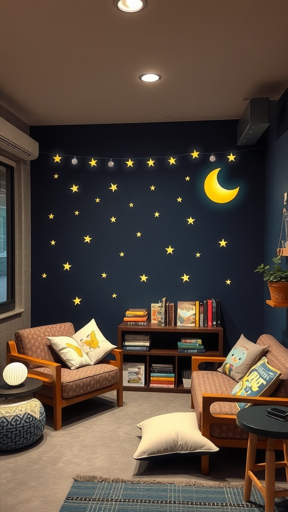 Cozy classroom reading corner with moon and stars theme.