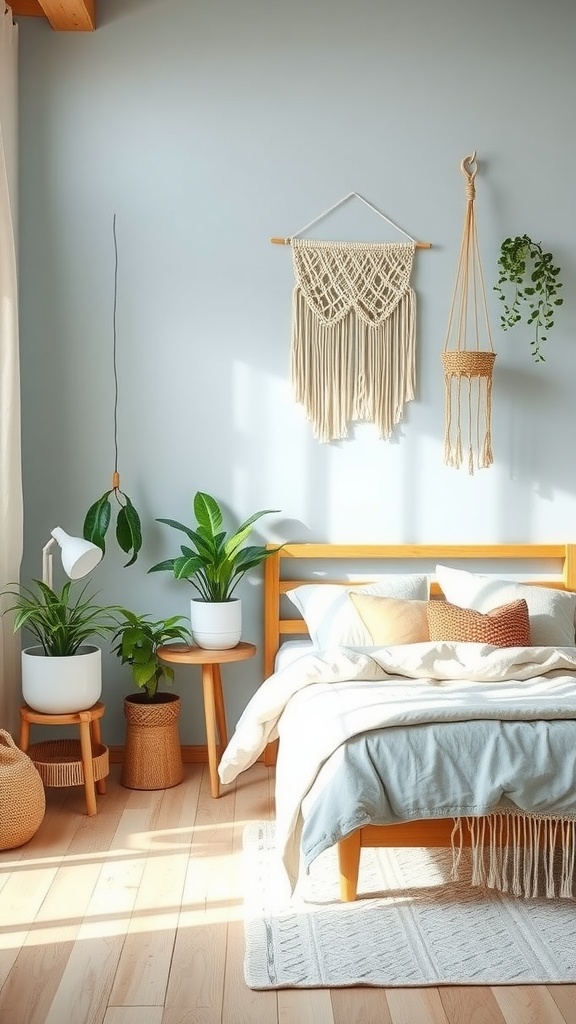 A cozy light blue boho bedroom featuring wooden furniture, plants, and a macramé wall hanging.