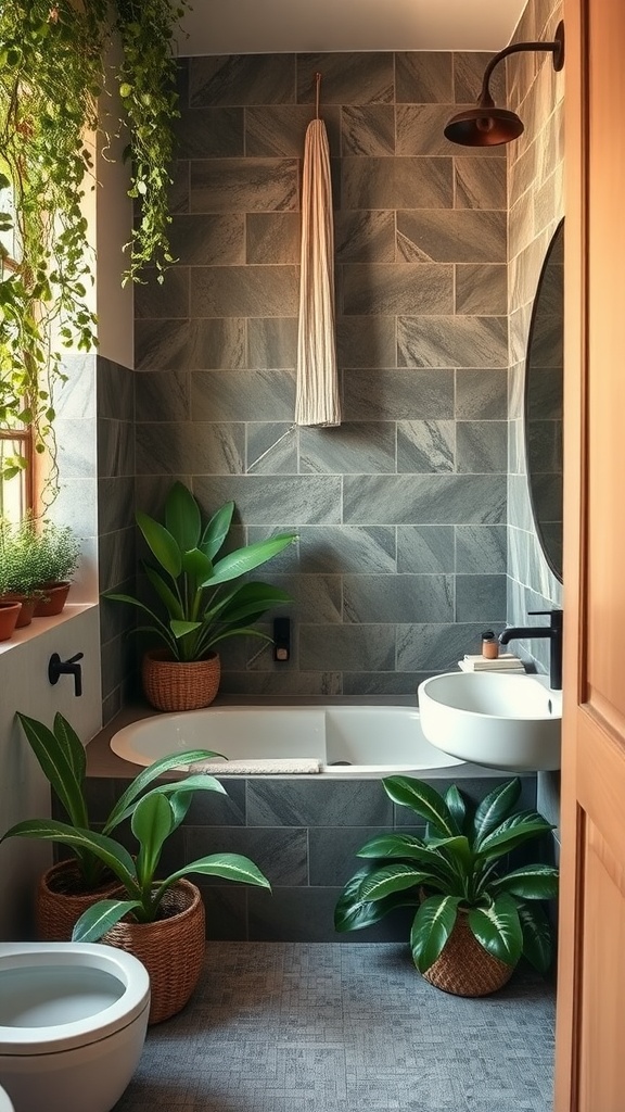 A modern bathroom featuring plants, marble walls, and a round mirror.