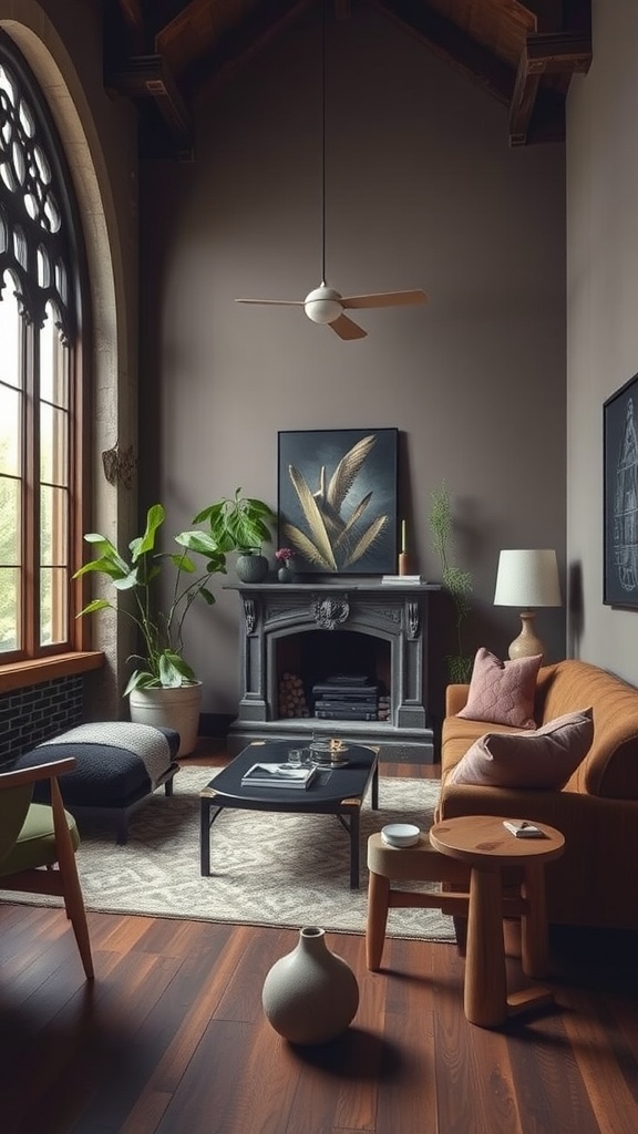 A living room with Gothic-style architecture and modern furniture, featuring plants and a cozy fireplace.