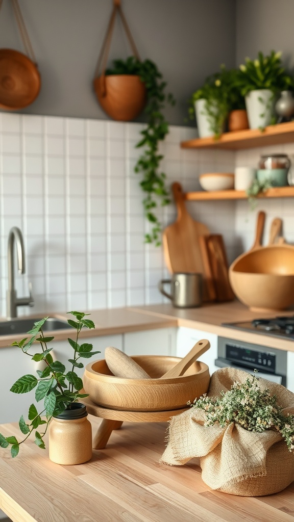 A cozy rustic modern kitchen featuring wooden bowls, potted plants, and natural decor elements