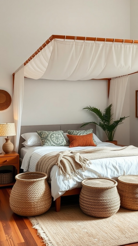 A serene Boho bedroom with a canopy bed and natural fiber baskets for storage.