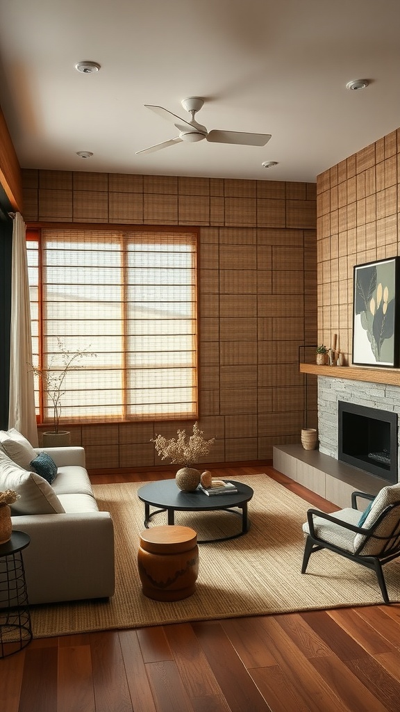 A contemporary living room featuring a bamboo wall treatment, an elegant couch, and modern decor.