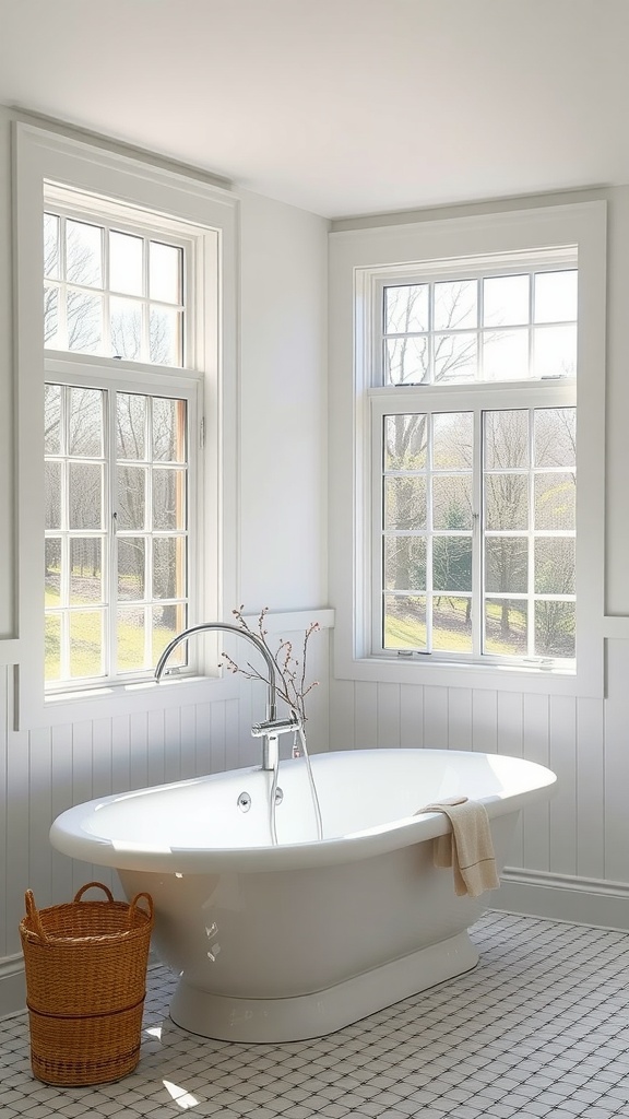 A bright farmhouse bathroom featuring a freestanding tub and large windows allowing natural light to flood the space.