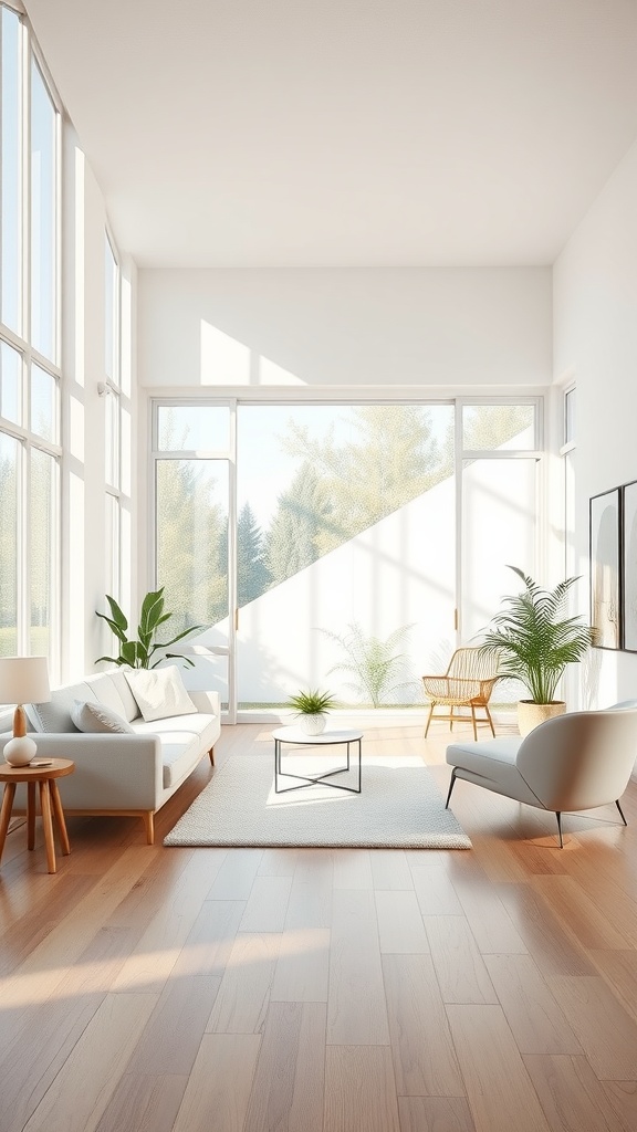 Bright and airy living room with large windows, plants, and modern furniture.