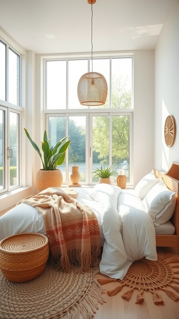 A bright boho bedroom with large windows, a cozy bed, and potted plants.