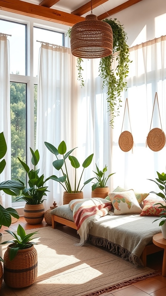 A bright bedroom with large windows, plants, and a cozy bed, showcasing boho style.