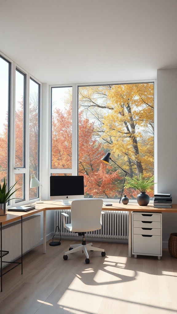 Bright home office with large windows showing fall foliage outside