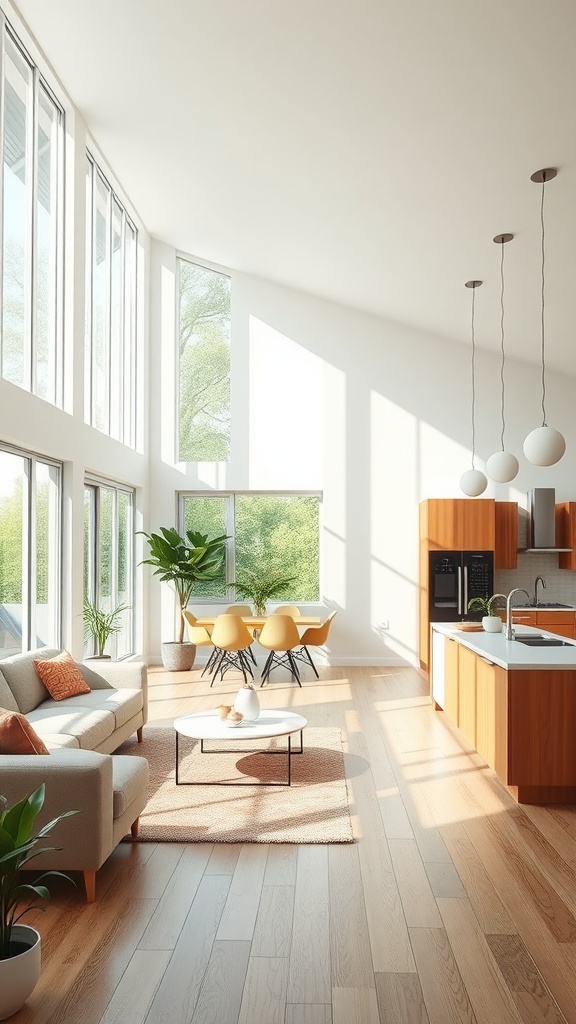 A bright open living room and kitchen area with large windows, light wood floors, and modern furniture.