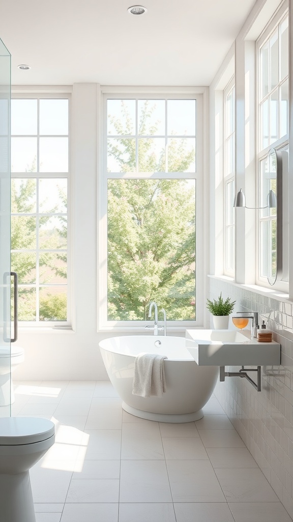 A bright and airy bathroom featuring large windows, a white tub, and modern fixtures.