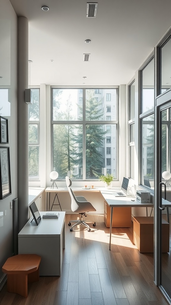 A modern Tiny Home Office with large windows allowing natural light, minimalistic furniture, and a touch of greenery.