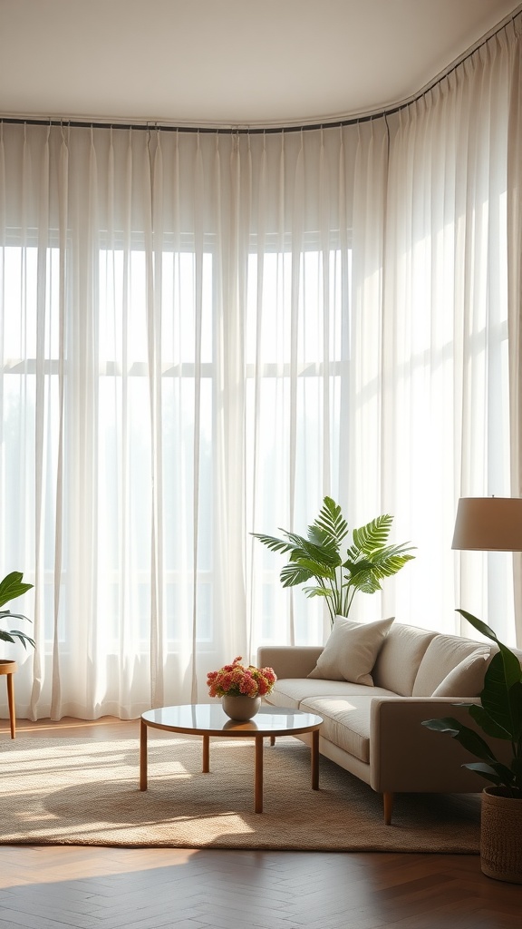 Living room with sheer curtains allowing soft natural light, plants, and cozy furniture.