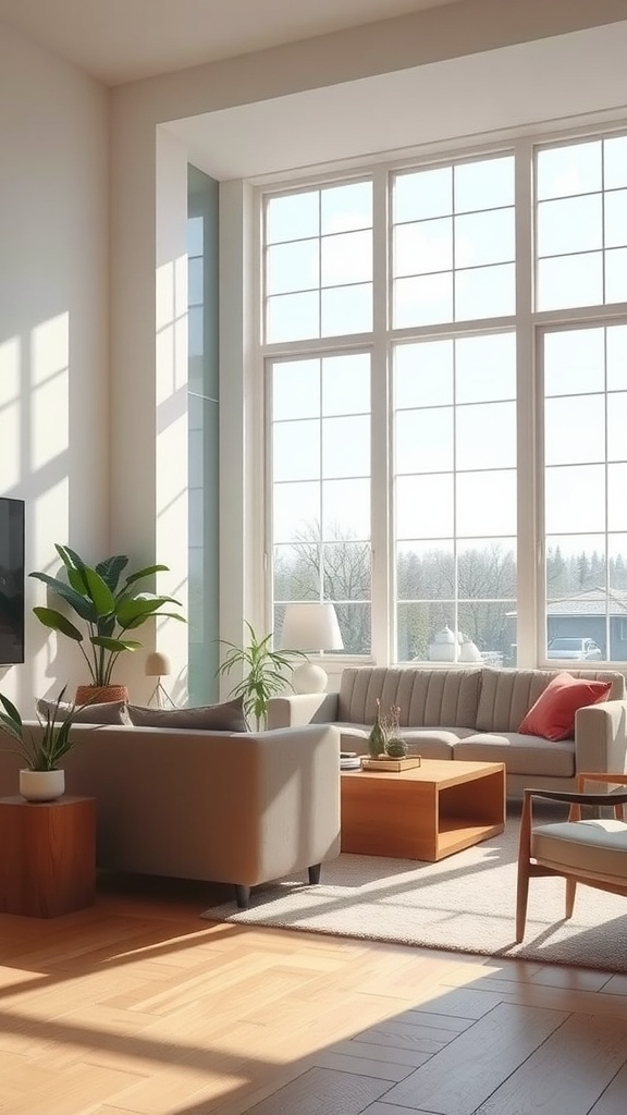 Cozy farmhouse living room featuring large windows that allow natural light to fill the space.