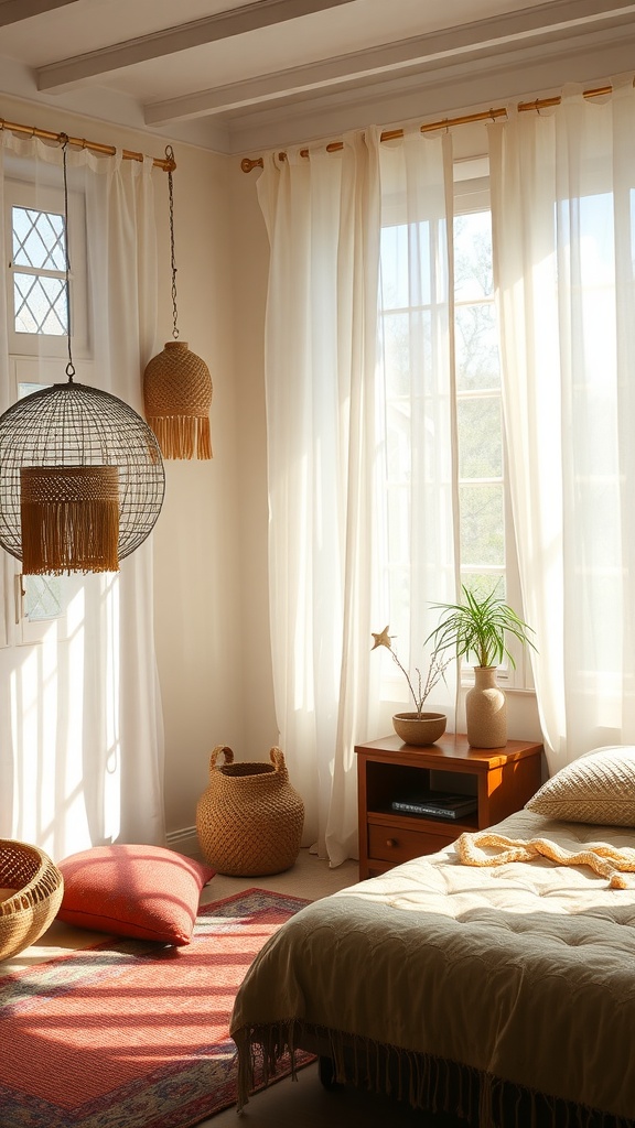 A cozy boho bedroom with sheer curtains, natural light, and earthy decor.