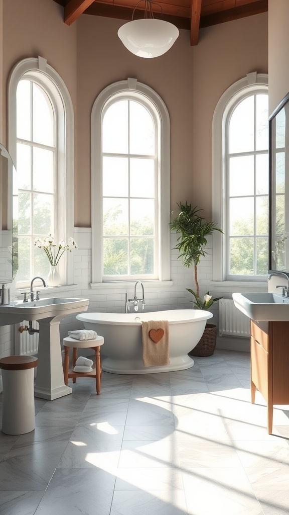 A bright and spacious bathroom featuring large arched windows, a freestanding tub, and a plant, emphasizing the use of natural light.