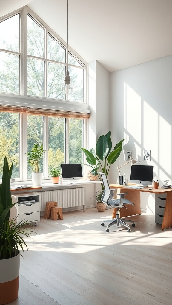 Bright home office with large windows, plants, and modern furniture