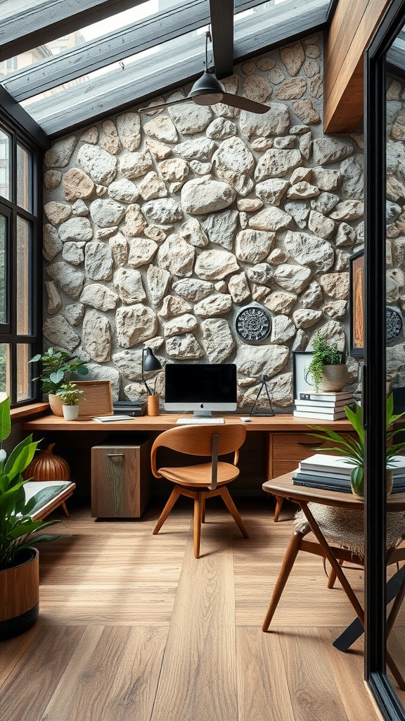 Cozy home office with stone wall, wooden furniture, and plants.