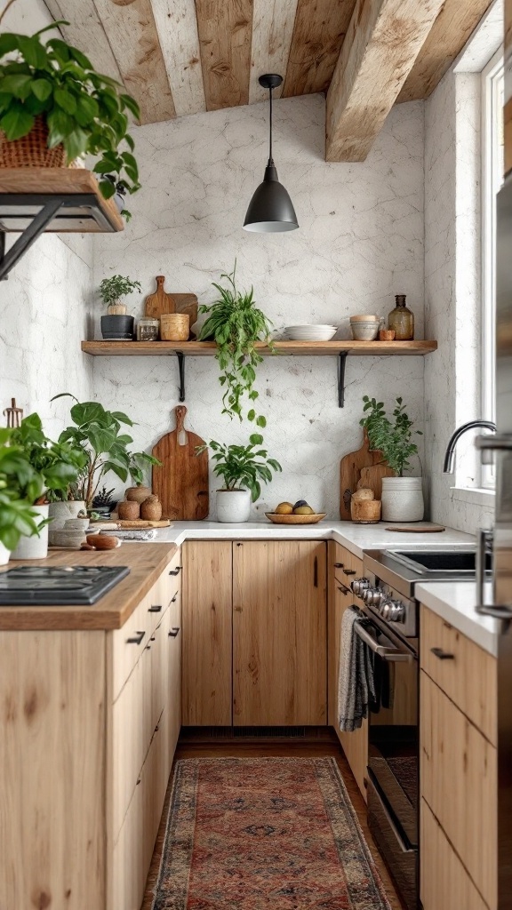 A small kitchen with wooden cabinets, light wooden flooring, and natural light streaming in from a window.