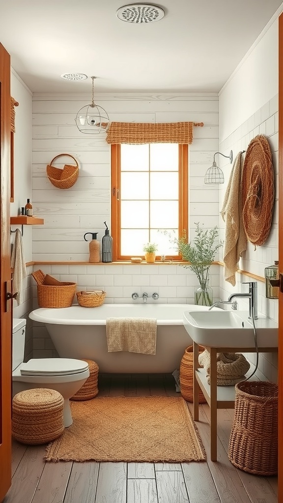 A cozy boho bathroom with natural materials, featuring a freestanding tub, wooden accents, and woven baskets