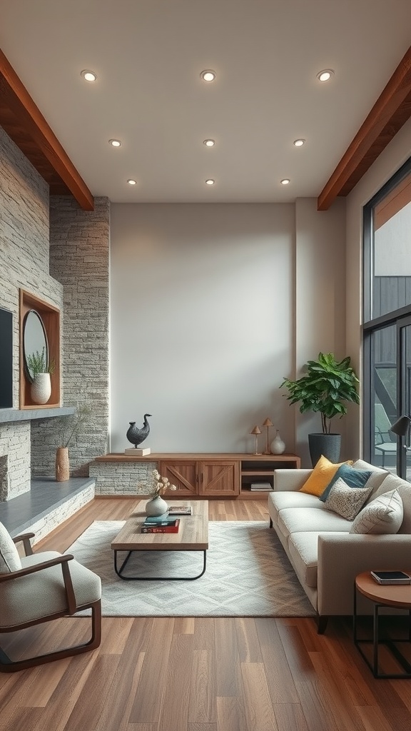 Living room with natural stone accents, wooden beams, and warm finishes