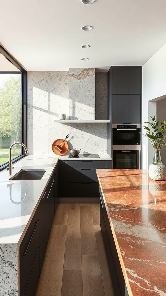 A modern kitchen featuring natural stone countertops with dark cabinetry and large windows.