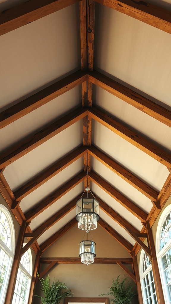 Vaulted ceiling with wooden beams and elegant light fixtures.