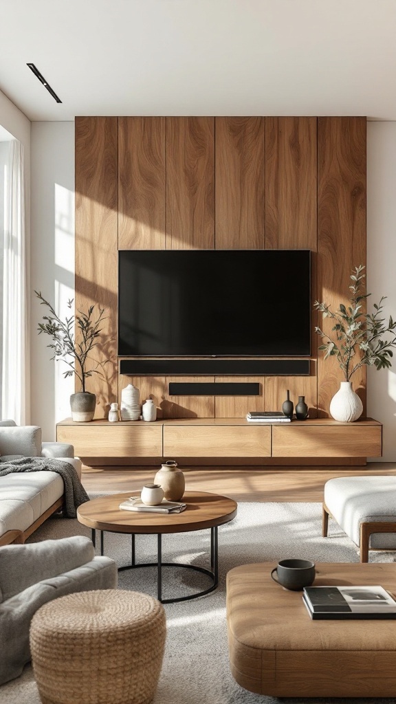 A modern living room featuring a TV wall with natural wood accents, complementary furniture, and greenery.