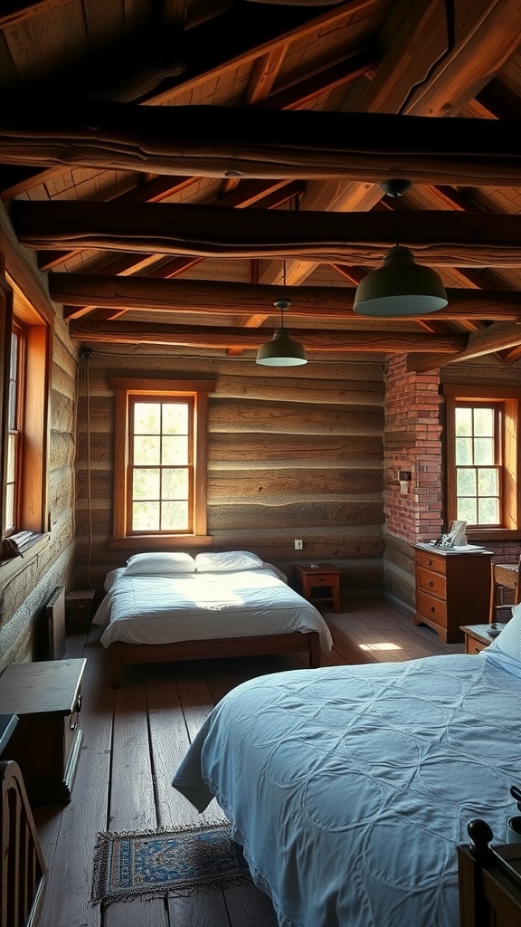 A rustic bedroom featuring natural wood accents, two beds, and large windows.