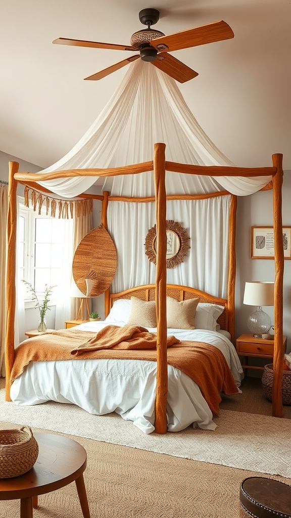 A cozy Boho bedroom featuring a canopy bed with natural wood accents, soft textiles, and warm colors.