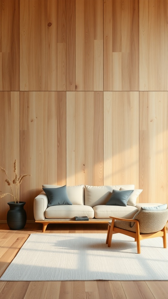 Cozy living room with a wooden wall, a light couch, and a stylish chair