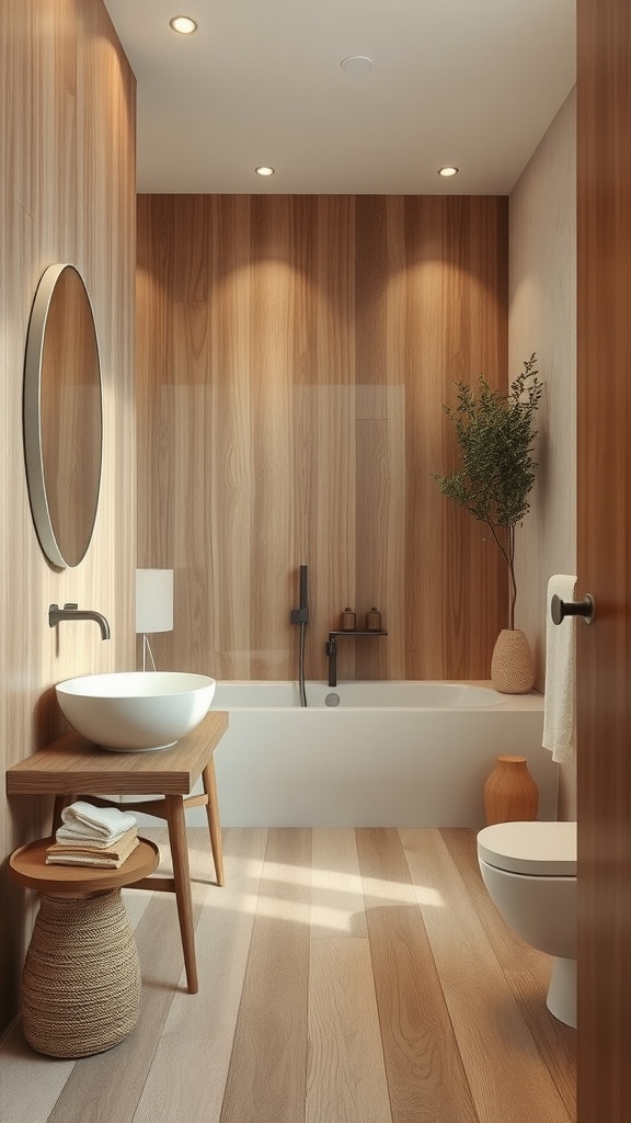 A cozy bathroom featuring natural wood paneling, soft neutral tones, and stylish decor.