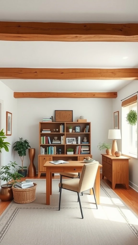 A cozy home office featuring natural wood beams, whitewashed walls, wooden furniture, and plants