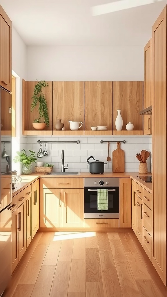 A modern kitchen featuring natural wood cabinets, white tiles, and greenery.
