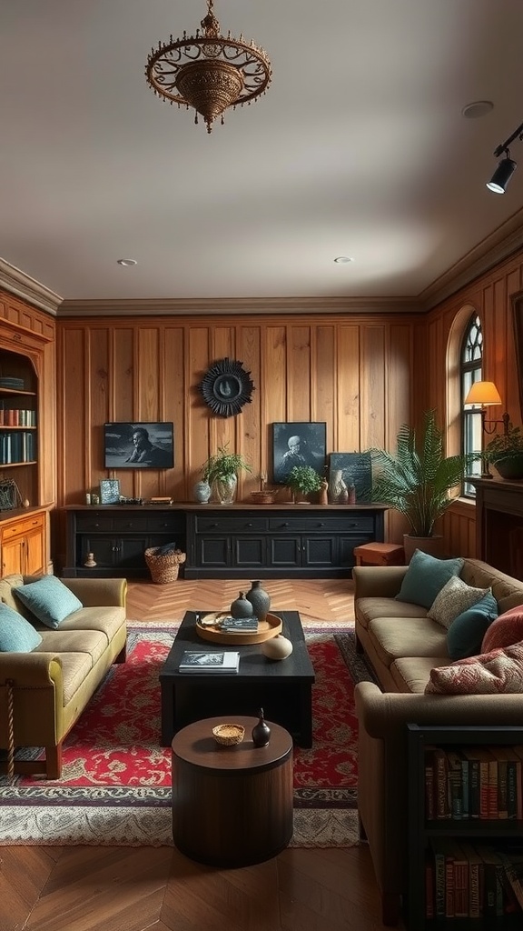 A cozy living room featuring natural wood finishes and dark accents, with a blend of Mediterranean and Gothic design elements.