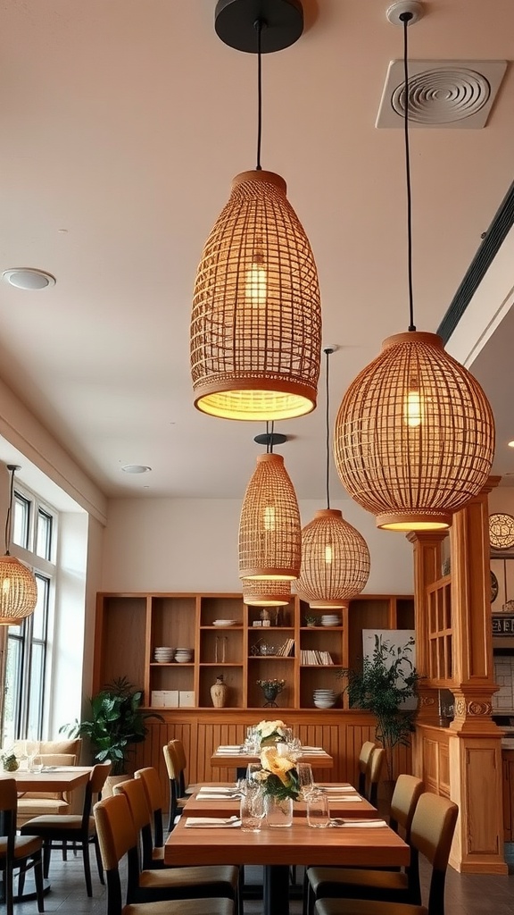 A restaurant interior featuring natural wood pendant lights hanging from a low ceiling.