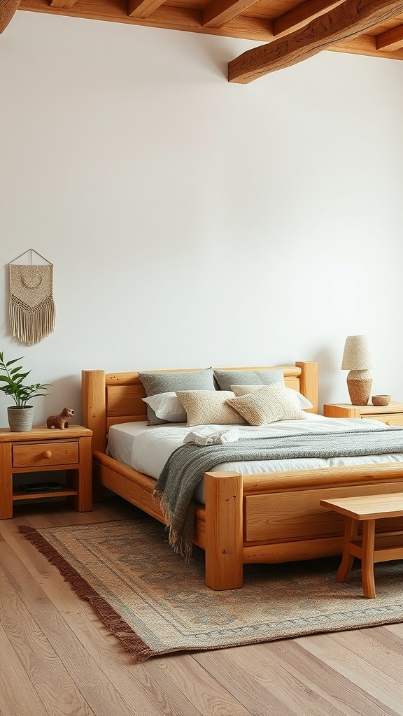 A cozy boho bedroom featuring natural wood furniture, a neatly made bed, and a woven rug on the floor.