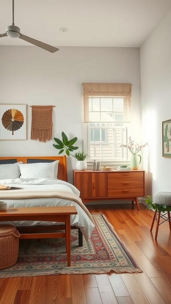 A cozy bedroom featuring natural wood furniture accents, including a bed frame, dresser, and bench, accented with soft textiles and plants.