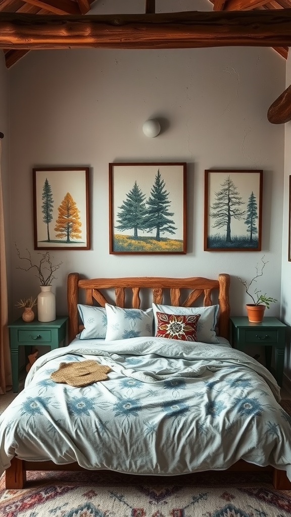 A rustic bedroom featuring nature-inspired artwork with a wooden bed and tree-themed paintings on the walls.